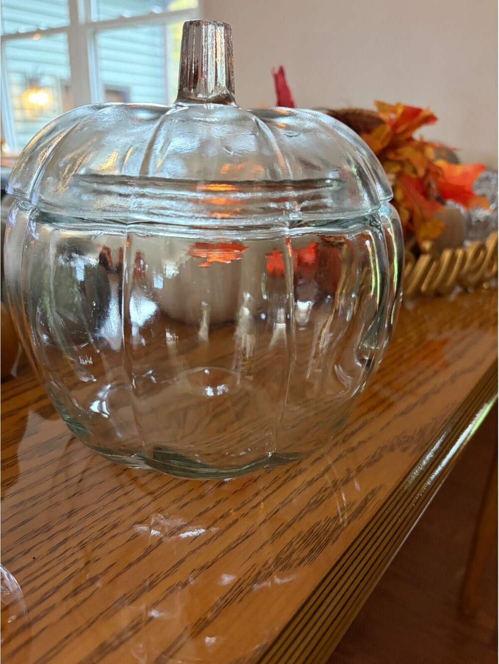 Vtg Anchor Hocking Clear Glass Pumpkin Jar 70 oz Candy Cookie Canister Lid Fall